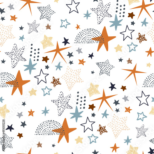 Seamless pattern with different hand drawn stars. Creative kids texture for fabric, wrapping, textile, wallpaper, apparel. Vector illustration
