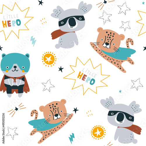 Seamless pattern with cute koala, cheetah, bear super hero. Creative childish texture in scandinavian style. Great for fabric, textile Vector Illustration