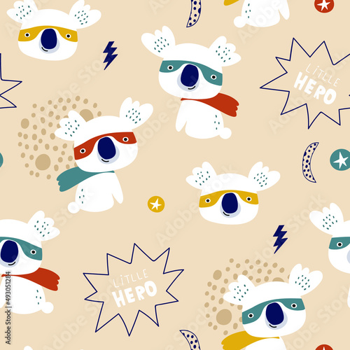 Seamless pattern with cute koala super hero. Creative childish texture in scandinavian style. Great for fabric, textile Vector Illustration