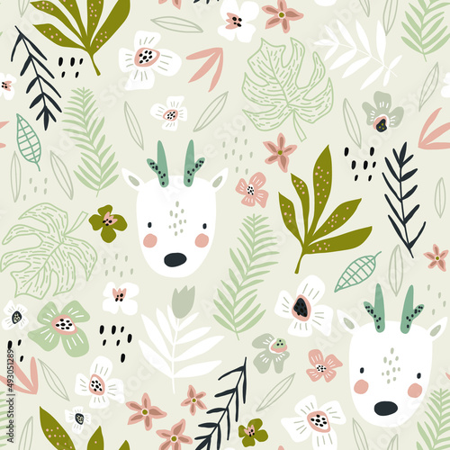 Seamless pattern with cute deers, floral elements. Woodland background. Perfect for kids apparel,fabric, textile, nursery decoration,wrapping paper.Vector Illustration