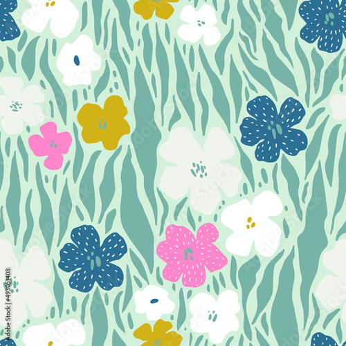 Seamless floral pattern. Blue summer, spring background. Perfect for fabric design, wallpaper, apparel. Vector illustration