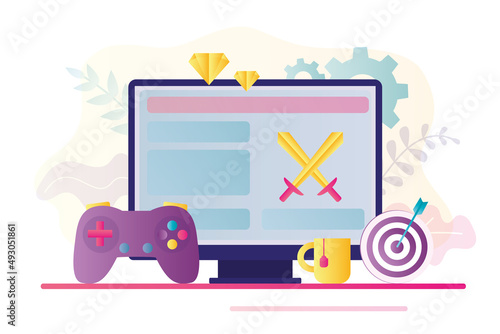 Gameplay technology on PC computer or console. Big modern joystick. Gaming, concept banner. Equipment of gamers.