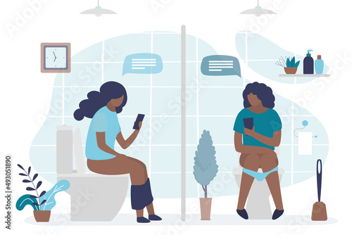 African american girls chatting with each other from toilets. Female characters pee or poop at restroom