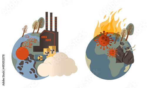 Ecological problems set. Environmental pollution of earth, climate change vector illustration