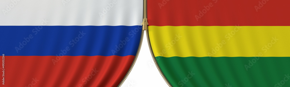 Fototapeta premium Russia and Bolivia cooperation or conflict, flags and closing or opening zipper between them. Conceptual 3D rendering