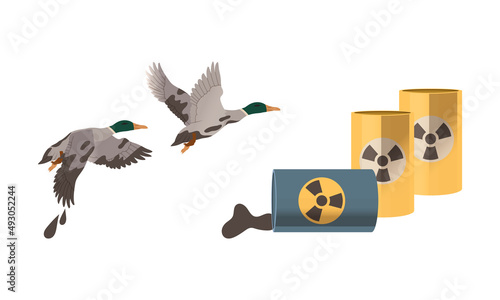 Ecological problems set. Ecological disaster, ducks in oil spill vector illustration