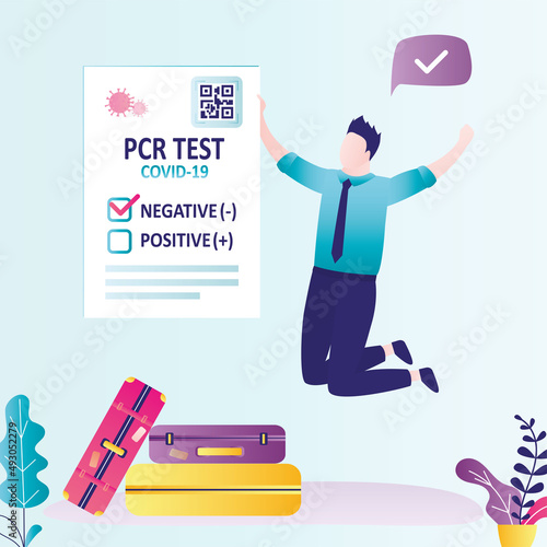 Man rejoices at negative result of pcr test for covid-19. Happy traveler holding medical certificate
