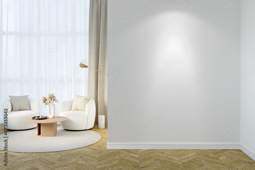 Plakat Modern room with a blank illuminated wall. In the background there are two modern light armchairs, a floor lamp, a coffee table near the curtained window, a round carpet on the parquet floor.3d render