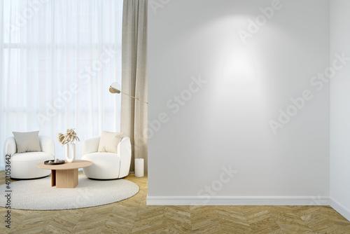 Modern room with a blank illuminated wall. In the background there are two modern light armchairs, a floor lamp, a coffee table near the curtained window, a round carpet on the parquet floor.3d render