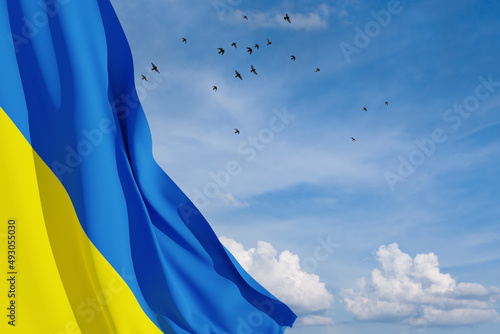 Ukraine flag on the blue sky with bird. Close up waving flag of Ukraine with place for your text. Flag symbols of Ukraine. 3d rendering. photo