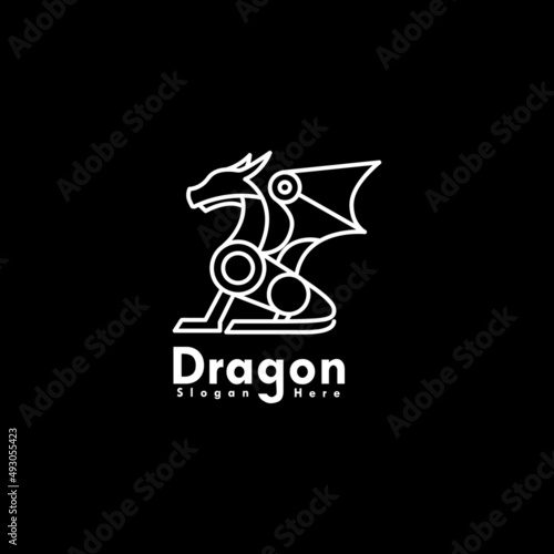 Black and white line art dragon logo design concept vector template