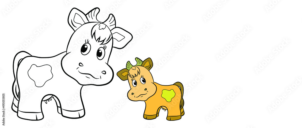 A pet. Cartoon. Black and white image of a small cow, coloring book for children. Vector image. A pet. Cartoon. Black and white image of a small cow, coloring book for children. Vector image.