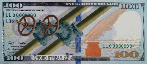 The texture of the American dollar with a drawing of the Nord Stream 2 gas pipeline. 3d rendering. photo