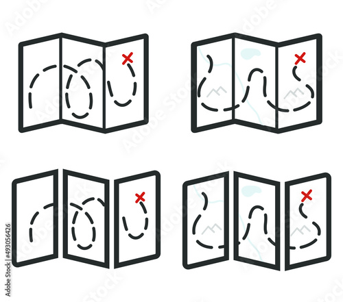 Vector image of a half-folded map, the path on the map to the red cross.