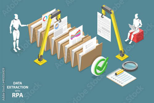 3D Isometric Flat Vector Conceptual Illustration of Data Extraction With RPA, Robotic Process Automation