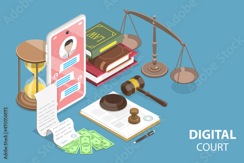 3D Isometric Flat Vector Conceptual Illustration of Digital Court, Legal Online Services
