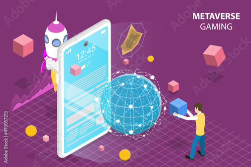 3D Isometric Flat Vector Conceptual Illustration of Metaverse Gaming, Limitless Virtual Reality Technology