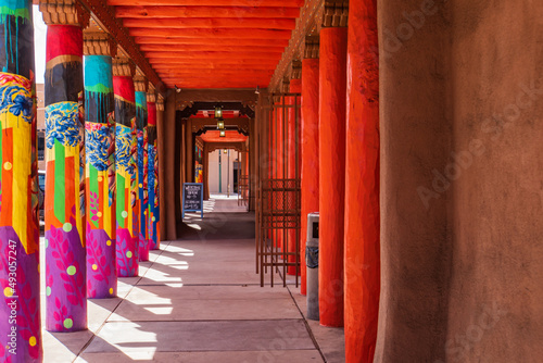 colorfully painted columns on the plaza in Santa Fe  New Mexico  