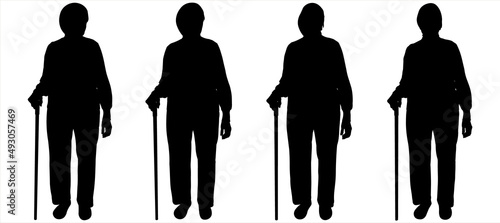 An older woman stands and looks up, down, forward. An elderly woman with a walking stick. The woman stands straight without moving. Front view. Woman silhouette in black color isolated on white.