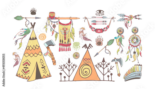set of colorful elements of idni tribe feathers, bow, wigwam, arrows, peace pipe, flag, coat of arms, symbol, indians, Aztecs, tribe, attributes, symbol, beast footprint, smoking pipe, set of colorful