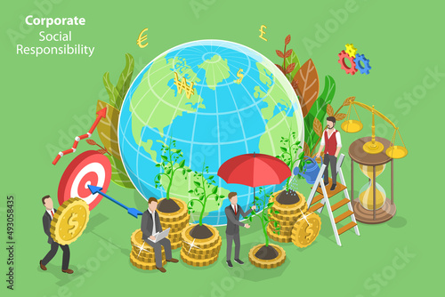 3D Isometric Flat Vector Conceptual Illustration of Corporate Social Responsibility, Strategy for Sustainable and Fair Rights