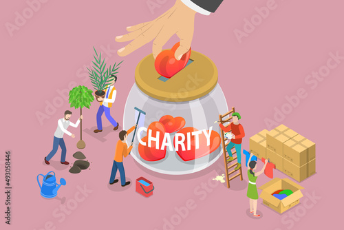 3D Isometric Flat Vector Conceptual Illustration of Charity and Philanthropy, Voluntary Help