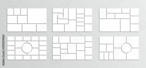 Collage layout. Moodboard template. Photo mood board grid. Mosaic pictures. Frames Images. Album brandboard. Gallery banner. Set of presentation backgrounds. Organised portfolio. Vector illustration