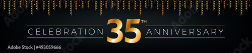 35th anniversary. Thirty-five years birthday celebration horizontal banner with bright golden color.