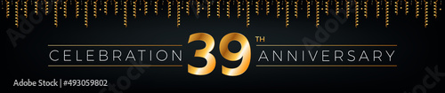 39th anniversary. Thirty-nine years birthday celebration horizontal banner with bright golden color. photo