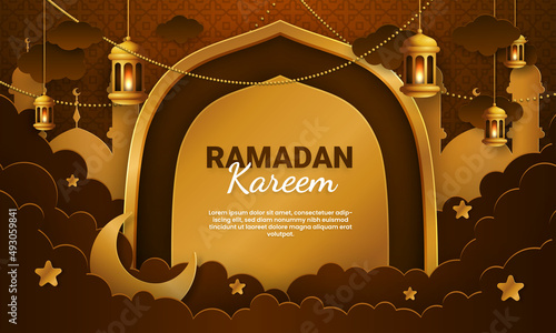 Ramadan kareem paper cut vector. Banner or poster with lantern and cloud ornament, suitable for  celebrating ramadan events.