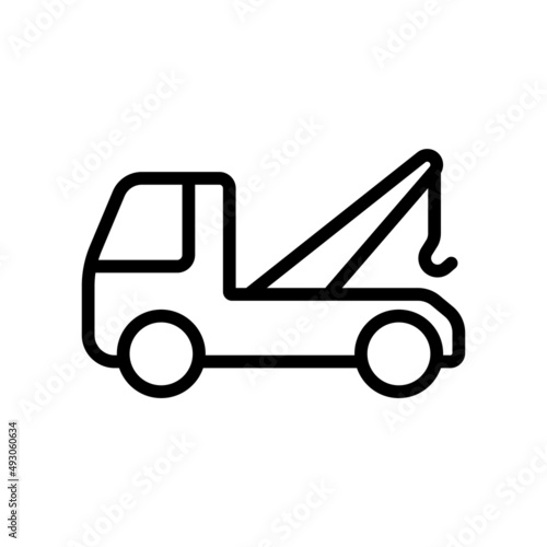 Tow truck icon. Black contour linear silhouette. Side view. Vector simple flat graphic illustration. Isolated object on a white background. Isolate.