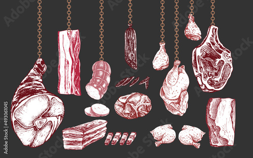 set of different types of meat, color, dark set of different types of meat, a graphic image of pork, chicken, turkey, beef, tenderloin, neck, ham isolated elements of meat business, sausage, meat prod