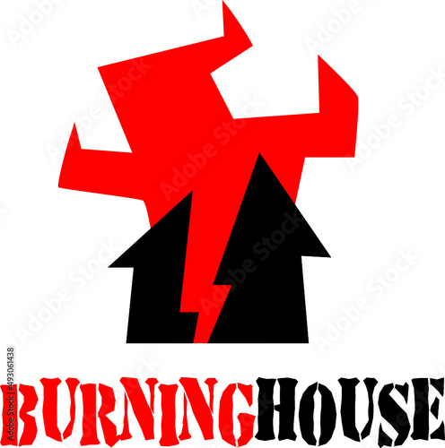 Burning house - abstract symbol of ruined building and red fire
