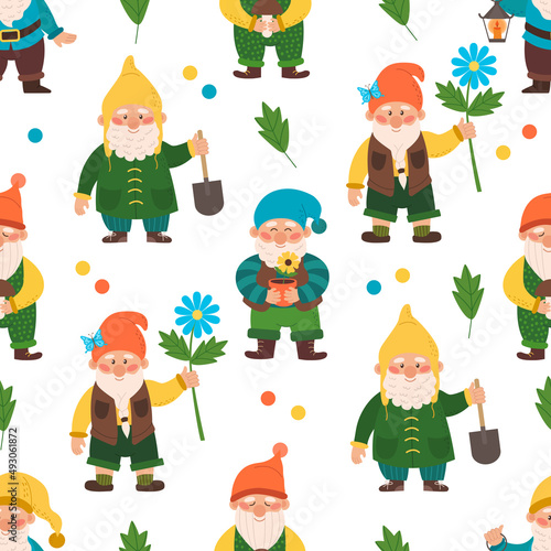 Cute seamless pattern with different gnomes. Endless repeatable backdrop with fairy tale characters. Flat vector illustration.
