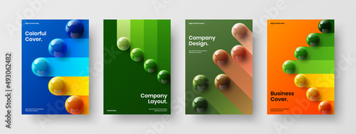 Trendy 3D balls magazine cover layout set. Vivid corporate brochure design vector concept collection.