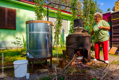 Canvas-taulu Woman is manually mixing fruit marc in distillation apparatus for making domesti