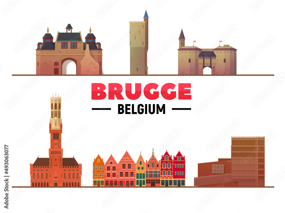 Obraz premium Bruges ( Brugge ) Belgium most famous landmarks on white background. Vector Illustration. Business travel and tourism concept with modern buildings. Image for banner or web site.