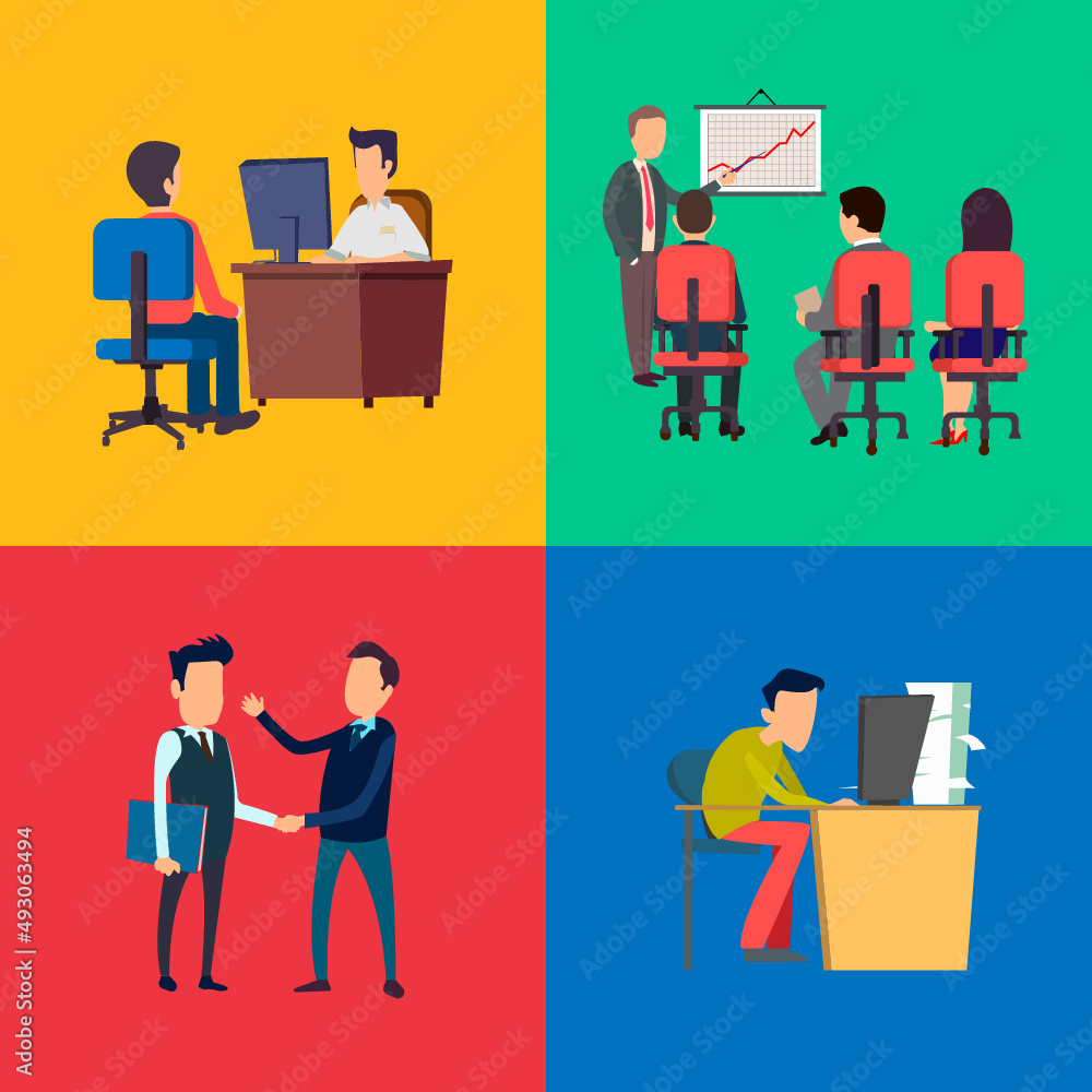 Business training and presentation colorful icons set in cartoon style. Concept of business success and development. Office computer work and freelance. 