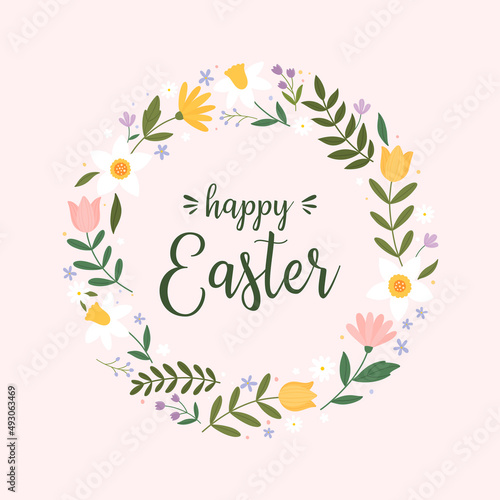 Happy easter. Template for postcard or invitation. A wreath of spring flowers and an inscription.