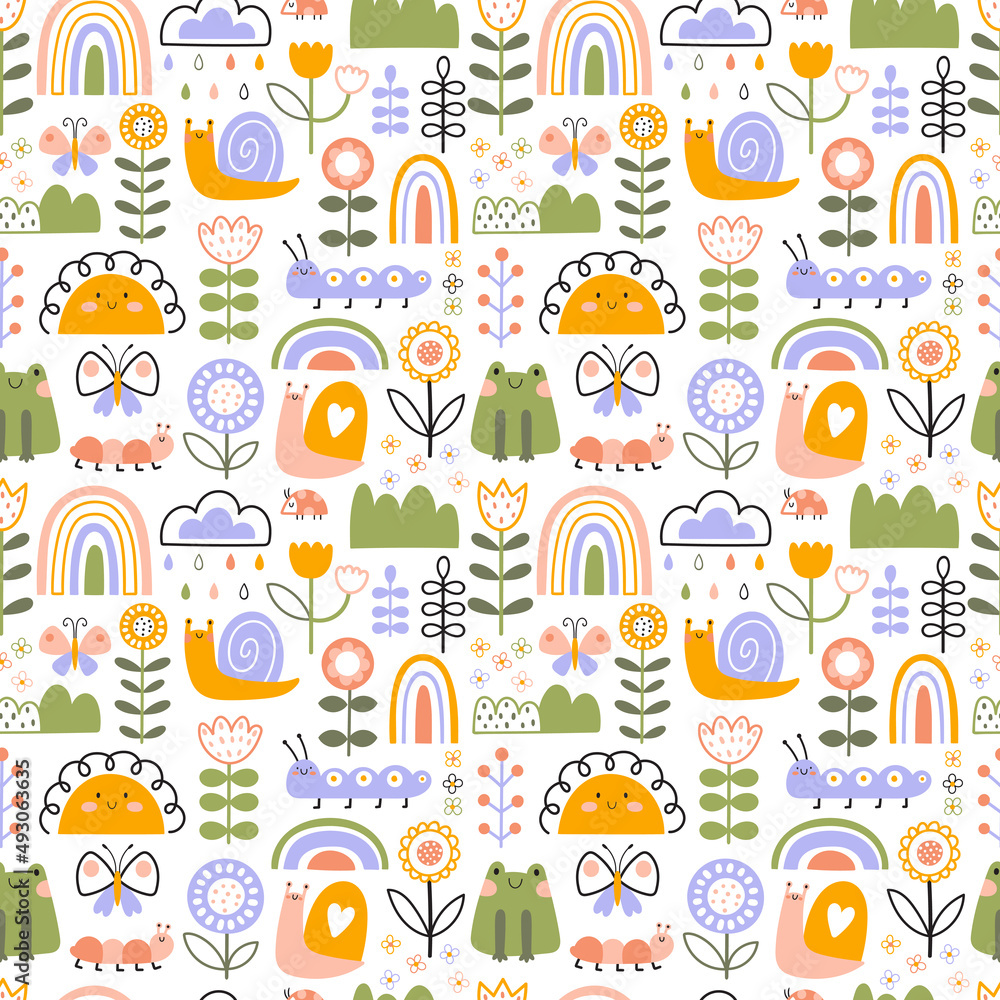 Seamless pattern with snails, frog, flowers, sun and rainbow. Vector illustration in hand drawn cartoon style.