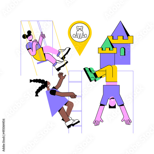 Playroom for kids abstract concept vector illustration. Playing space for kids, indoor playgrounds, all in one children activity, toys and furniture, neutral home playroom decor abstract metaphor.