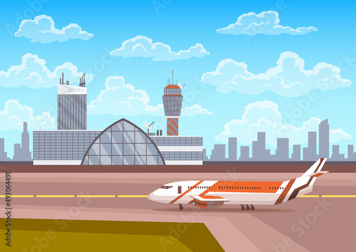 Airport terminal building and control tower with airplane on runway, city landscape on background. Travel and tourism concept, passenger air transportation