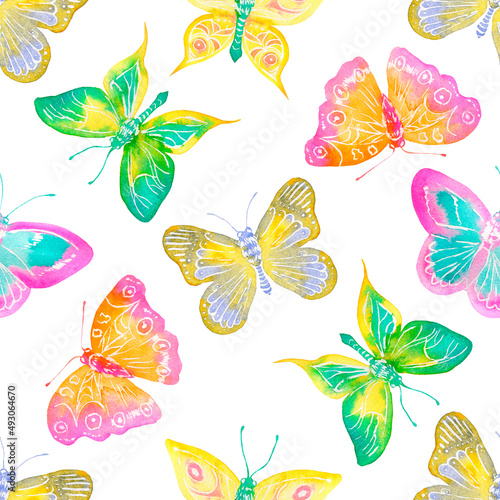 Watercolor butterflies, seamless pattern. Colourful abstract tropical print. 