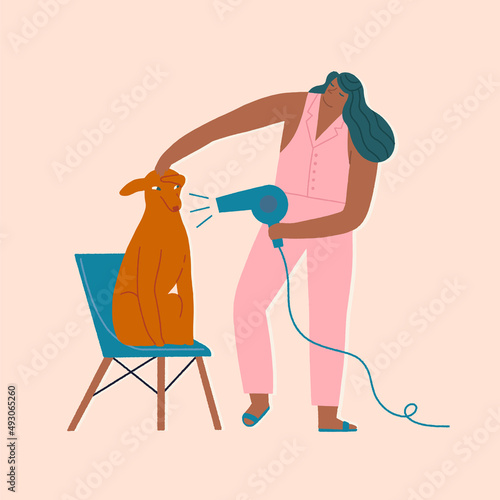 Women stay at home grooming the dog in period of self isolation and social distancing during covid virus epidemic. Vector illustration