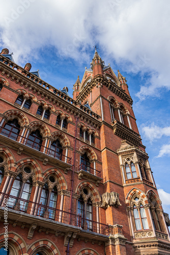 St Pancras Station, London. A red-brick old building.