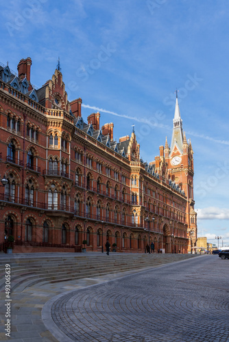 St Pancras Station, London. A red-brick old building.