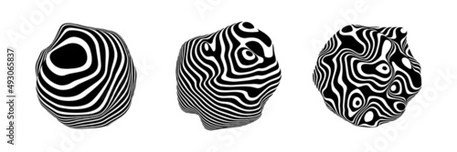 Optical illusion in the shape of distorted sphere. Abstract vector background with black and white lines. Pattern distorted textures.