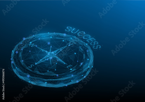 Isometric business navigate compass low poly wireframe on bkue dark background. consisting of point line and triangle. Guiding direction and vision. Strategy way to goal concept. vector illustration.