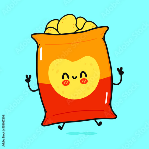 Cute funny chips character. Vector hand drawn cartoon kawaii character illustration icon. Isolated on white background. Happy chips character concept