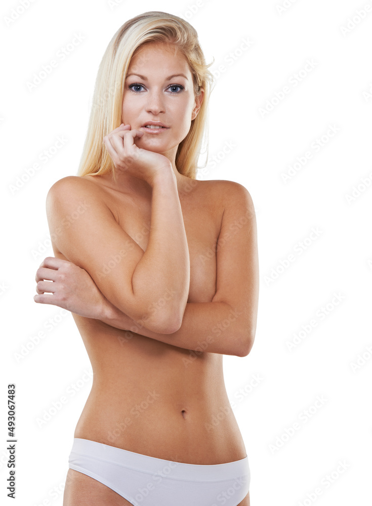 Confident and comfortable in her skin. Studio portrait of a gorgeous young woman isolated on white. Confident and comfortable in her skin. Studio portrait of a gorgeous young woman isolated on white.